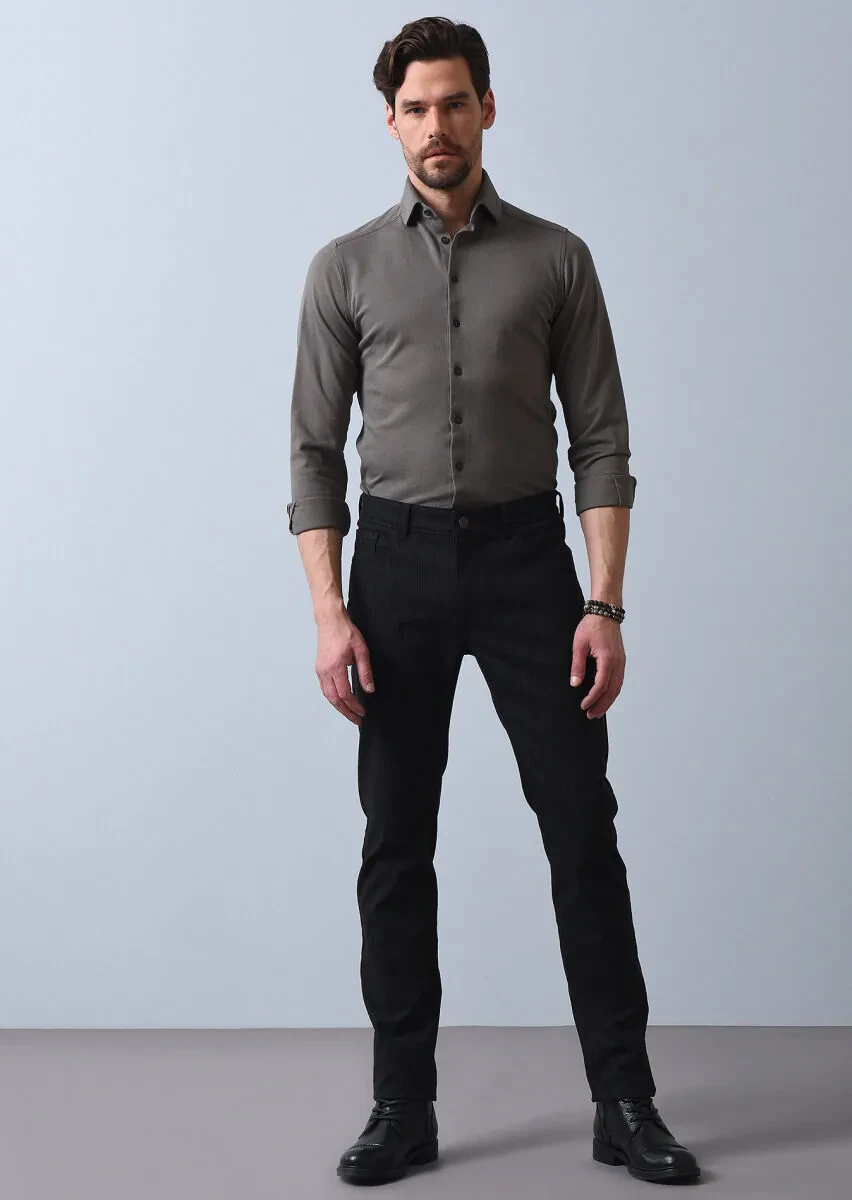 Black Weaving Slim Fit Casual Cotton Blended Trousers - 1