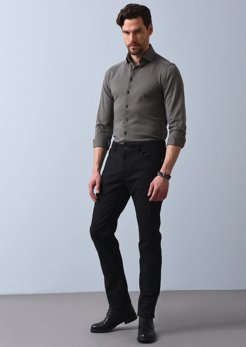 Black Weaving Slim Fit Casual Cotton Blended Trousers 