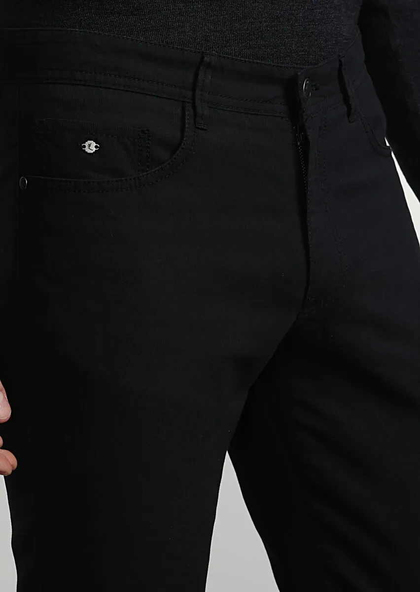 Black Weaving Slim Fit Casual Cotton Blended Trousers - 2