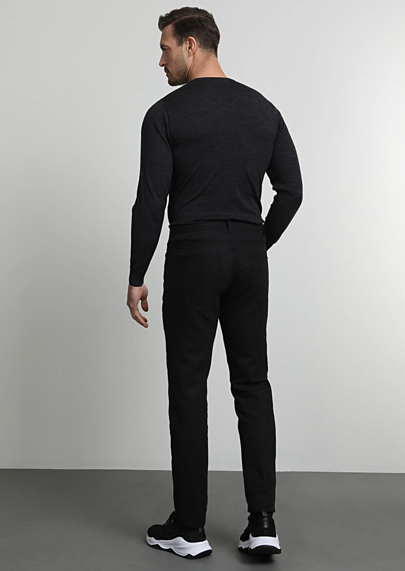 Black Weaving Slim Fit Casual Cotton Blended Trousers - 4