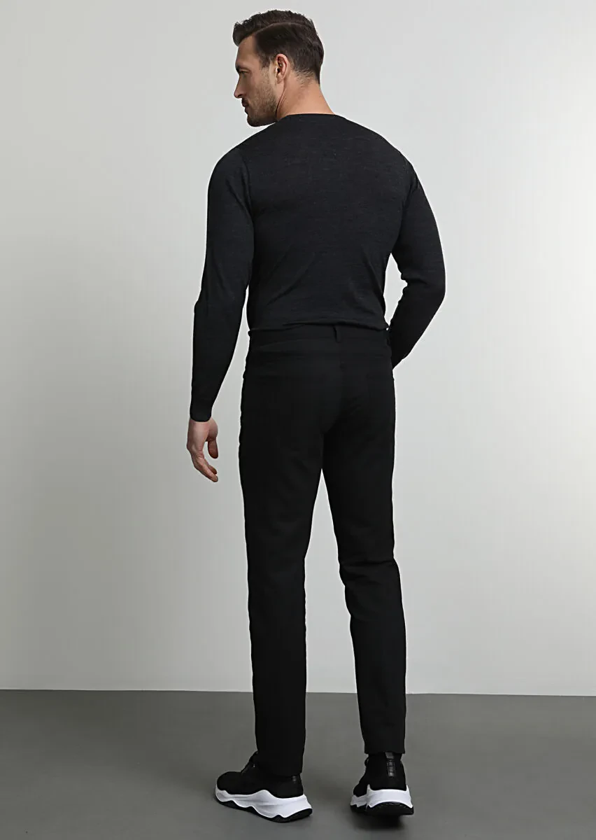 Black Weaving Slim Fit Casual Cotton Blended Trousers - 4
