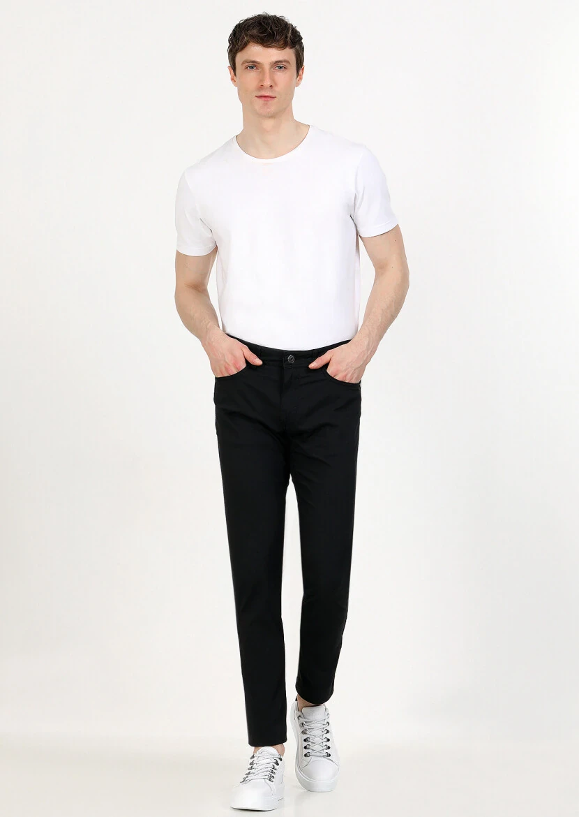 Black Weaving Slim Fit Casual Cotton Blended Trousers - 1