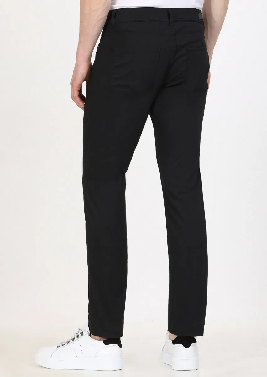 Black Weaving Slim Fit Casual Cotton Blended Trousers - 4