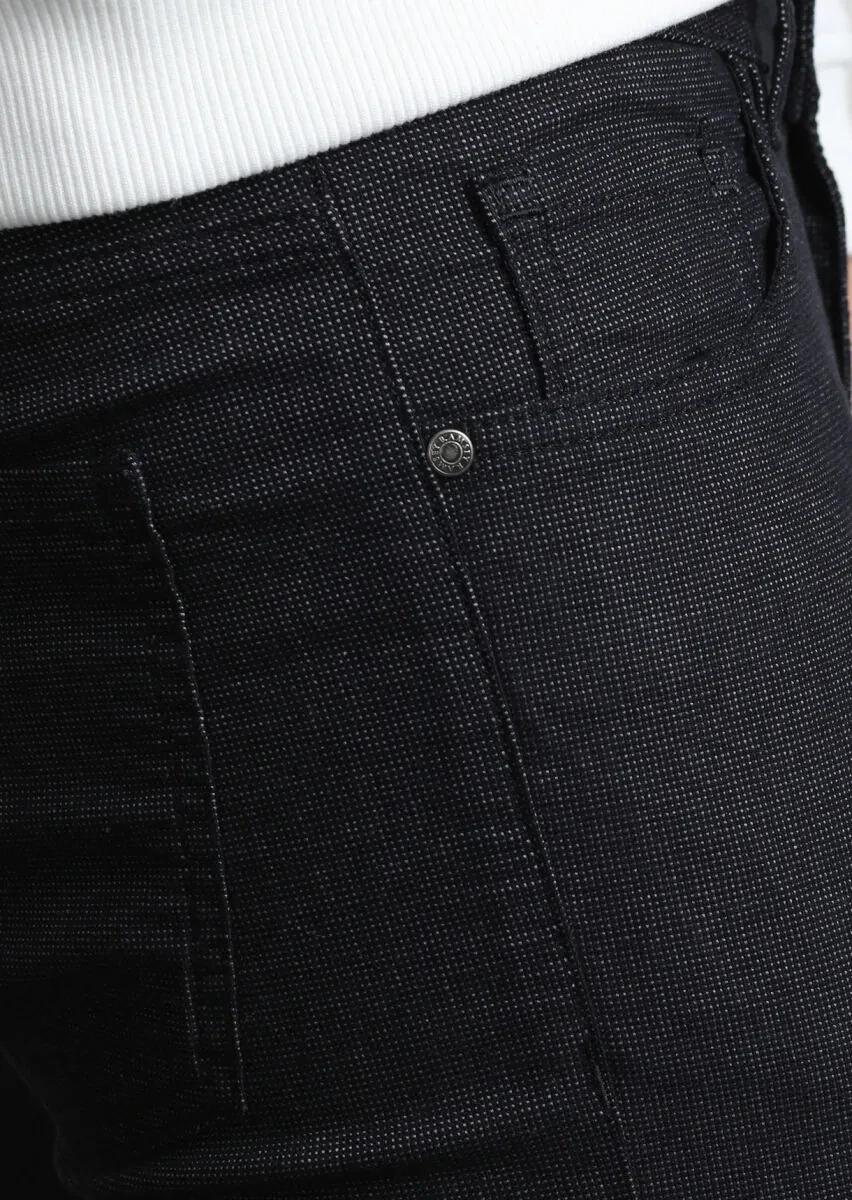 Black Weaving Slim Fit Casual Cotton Blended Trousers - 2