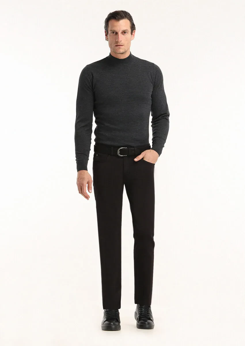 Black Weaving Slim Fit Casual Cotton Blended Trousers - 1