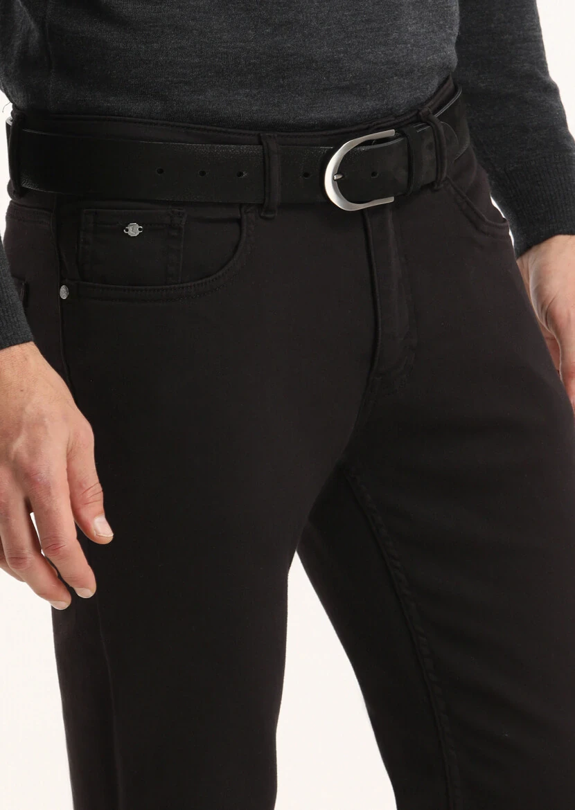 Black Weaving Slim Fit Casual Cotton Blended Trousers - 3