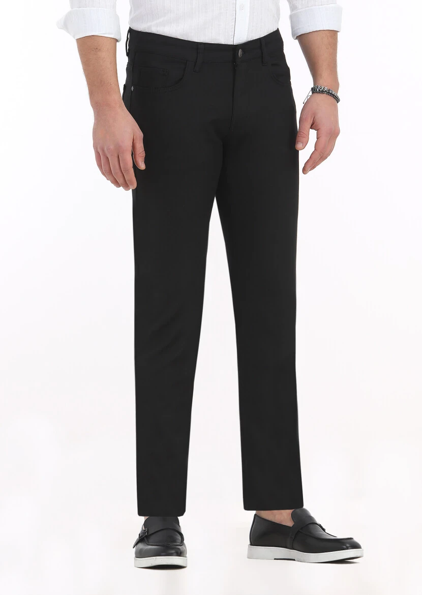 Black Weaving Slim Fit Casual Cotton Blended Trousers 