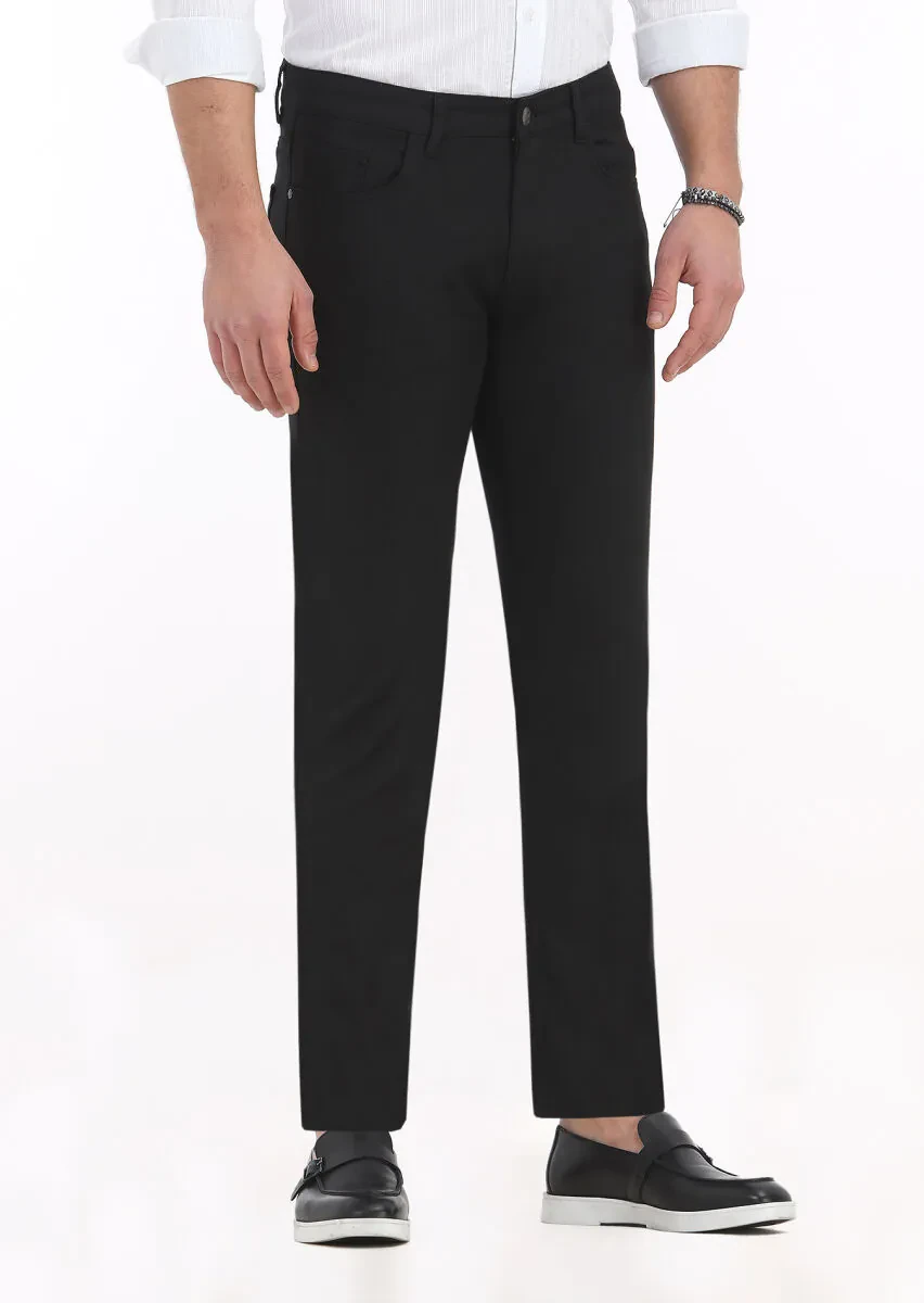 Black Weaving Slim Fit Casual Cotton Blended Trousers - 2