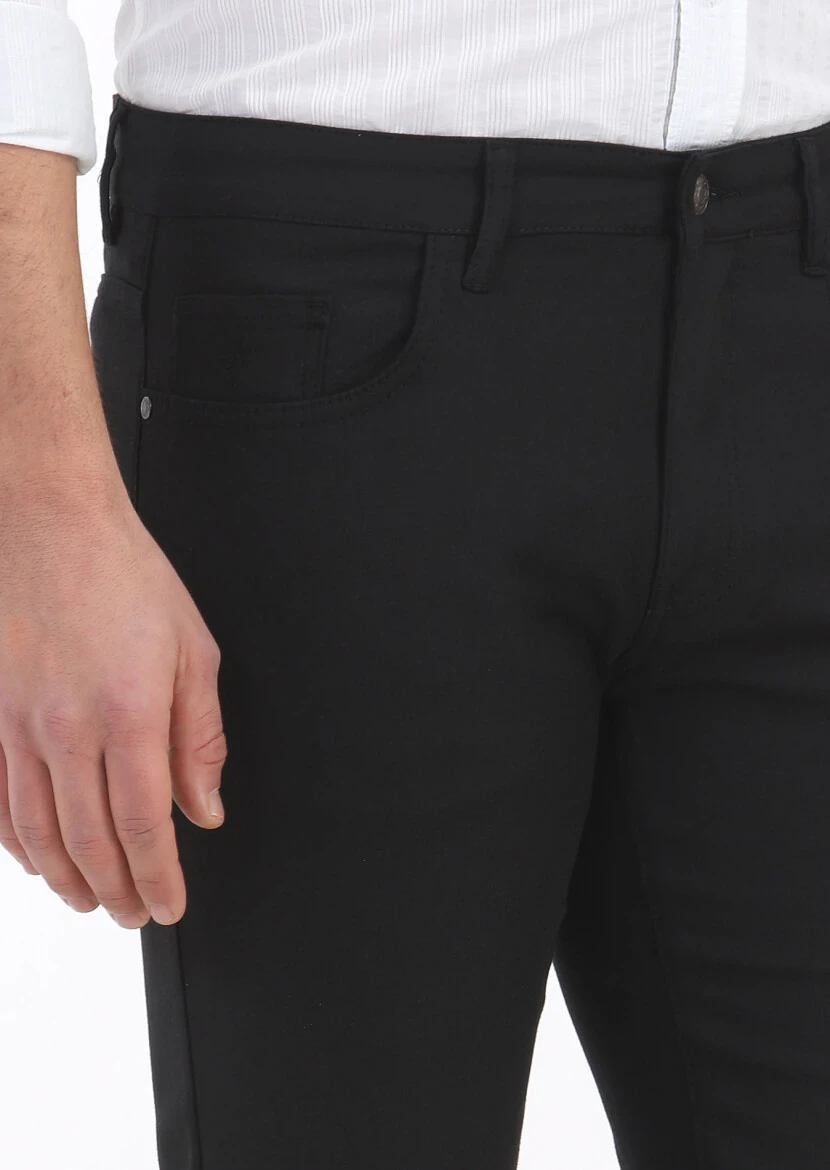 Black Weaving Slim Fit Casual Cotton Blended Trousers - 3