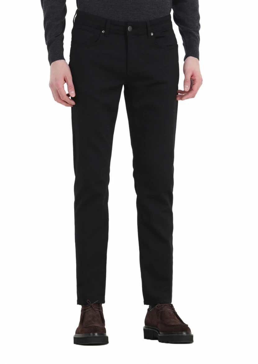 Black Weaving Slim Fit Casual Cotton Blended Trousers 