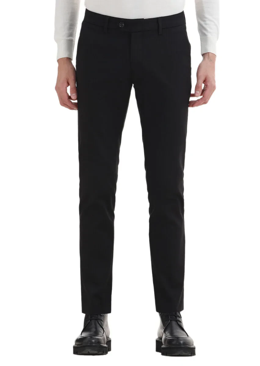 Black Weaving Slim Fit Casual Cotton Blended Trousers - 3