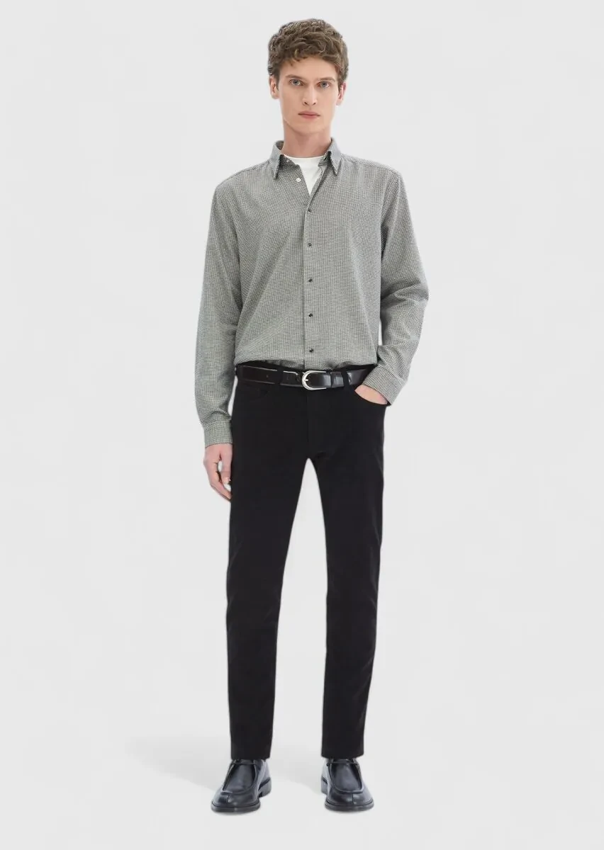 Black Weaving Slim Fit Casual Cotton Blended Trousers - 1