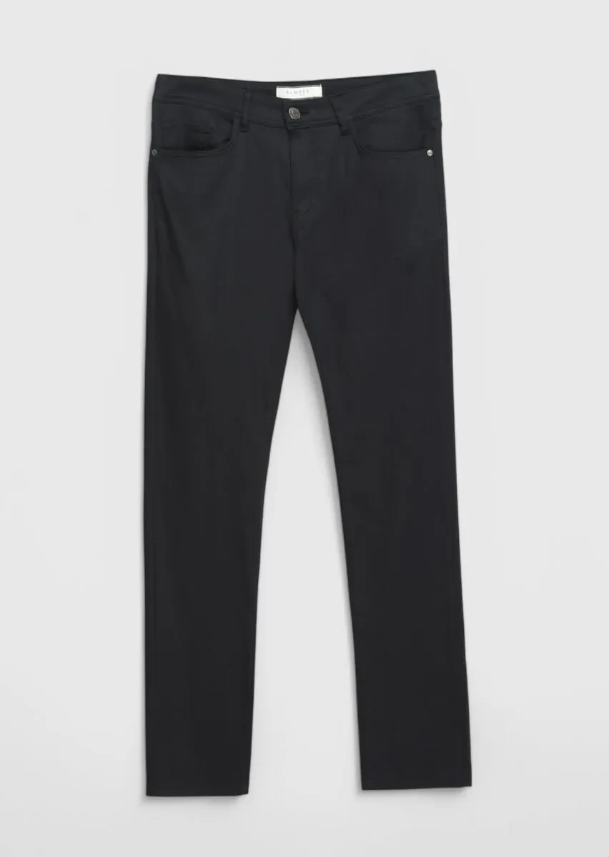 Black Weaving Slim Fit Casual Cotton Blended Trousers - 7
