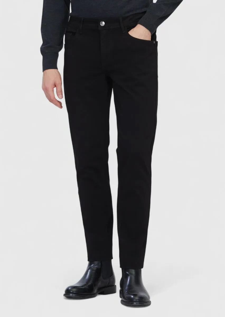 Black Weaving Slim Fit Casual Cotton Blended Trousers - 2