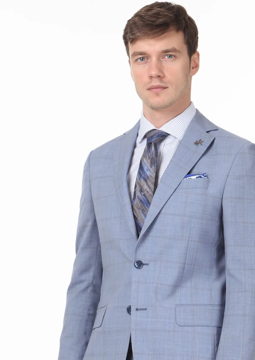 Blue Checkered Modern Fit 100% Wool Suit - 2