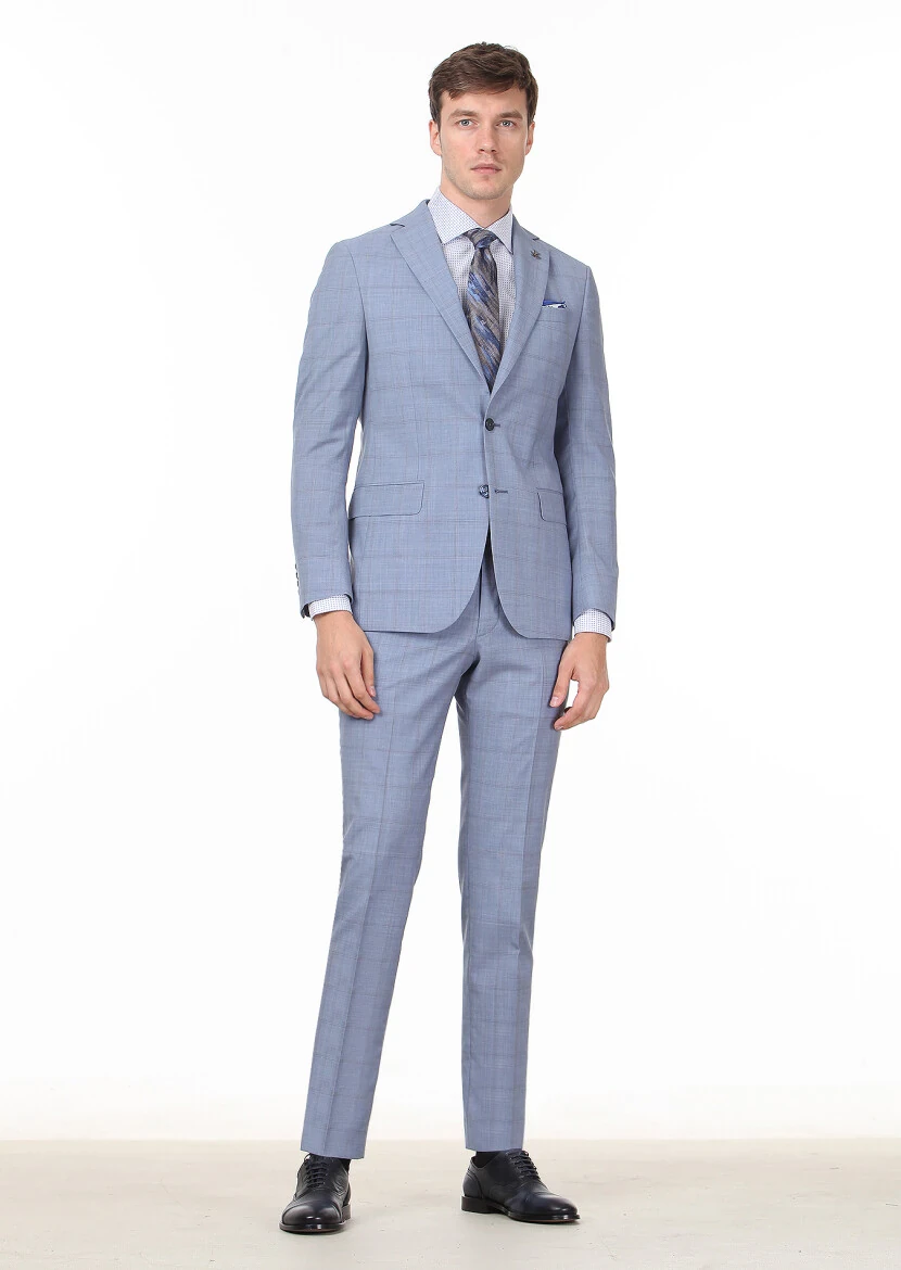 Blue Checkered Modern Fit 100% Wool Suit - 3