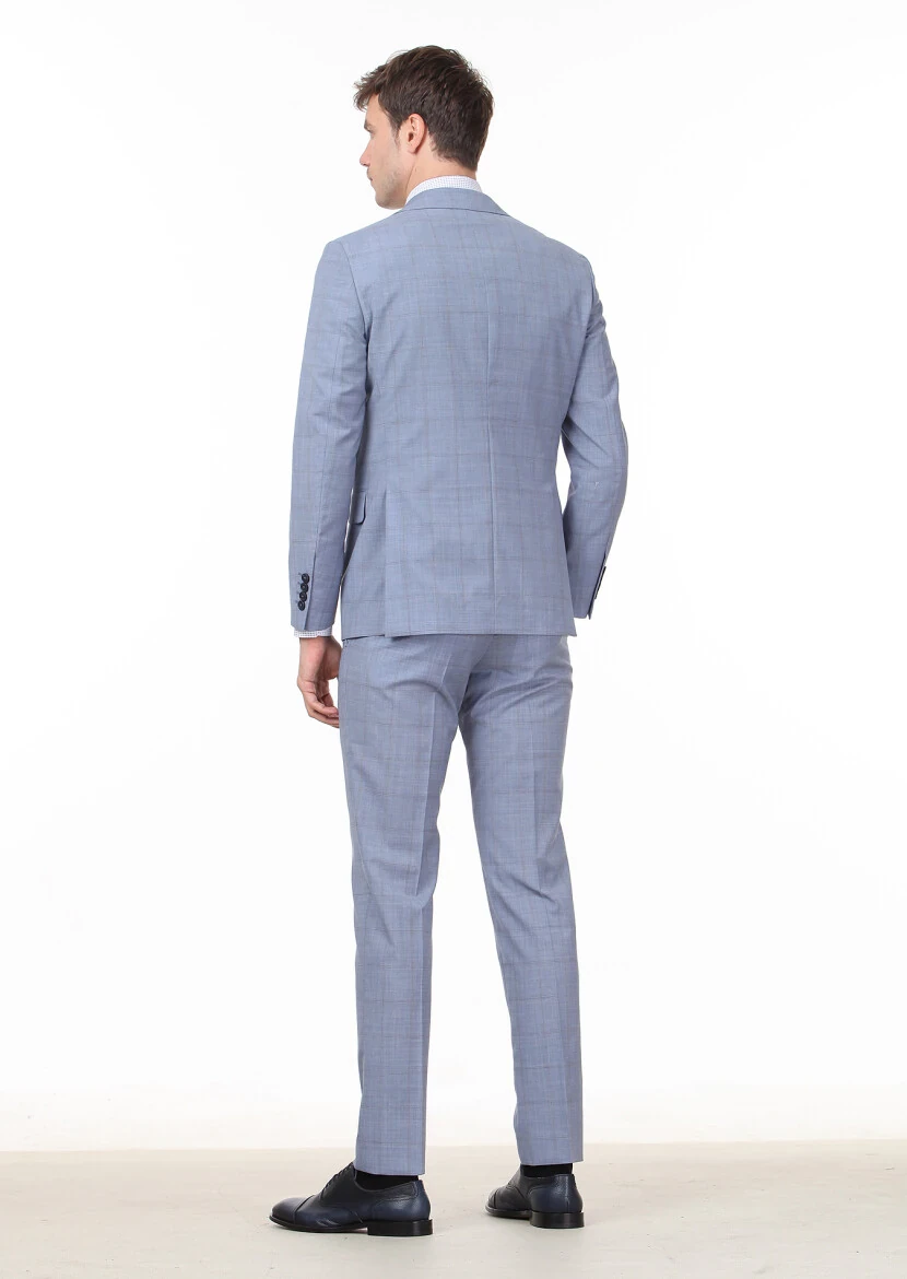 Blue Checkered Modern Fit 100% Wool Suit - 4