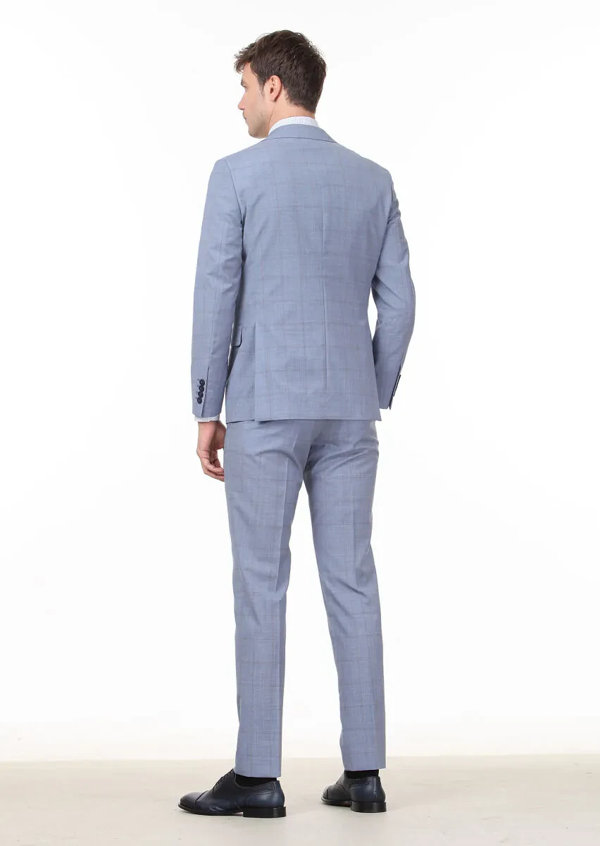 Blue Checkered Modern Fit 100% Wool Suit - 4