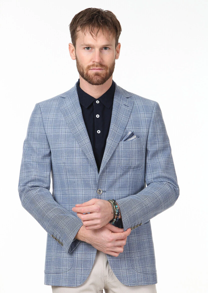 Blue Checkered Modern Fit Wool Blended Jacket - 3