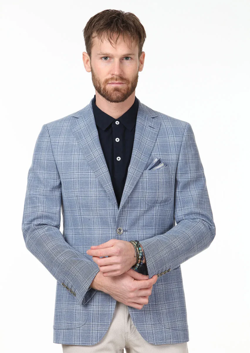 Blue Checkered Modern Fit Wool Blended Jacket - 3