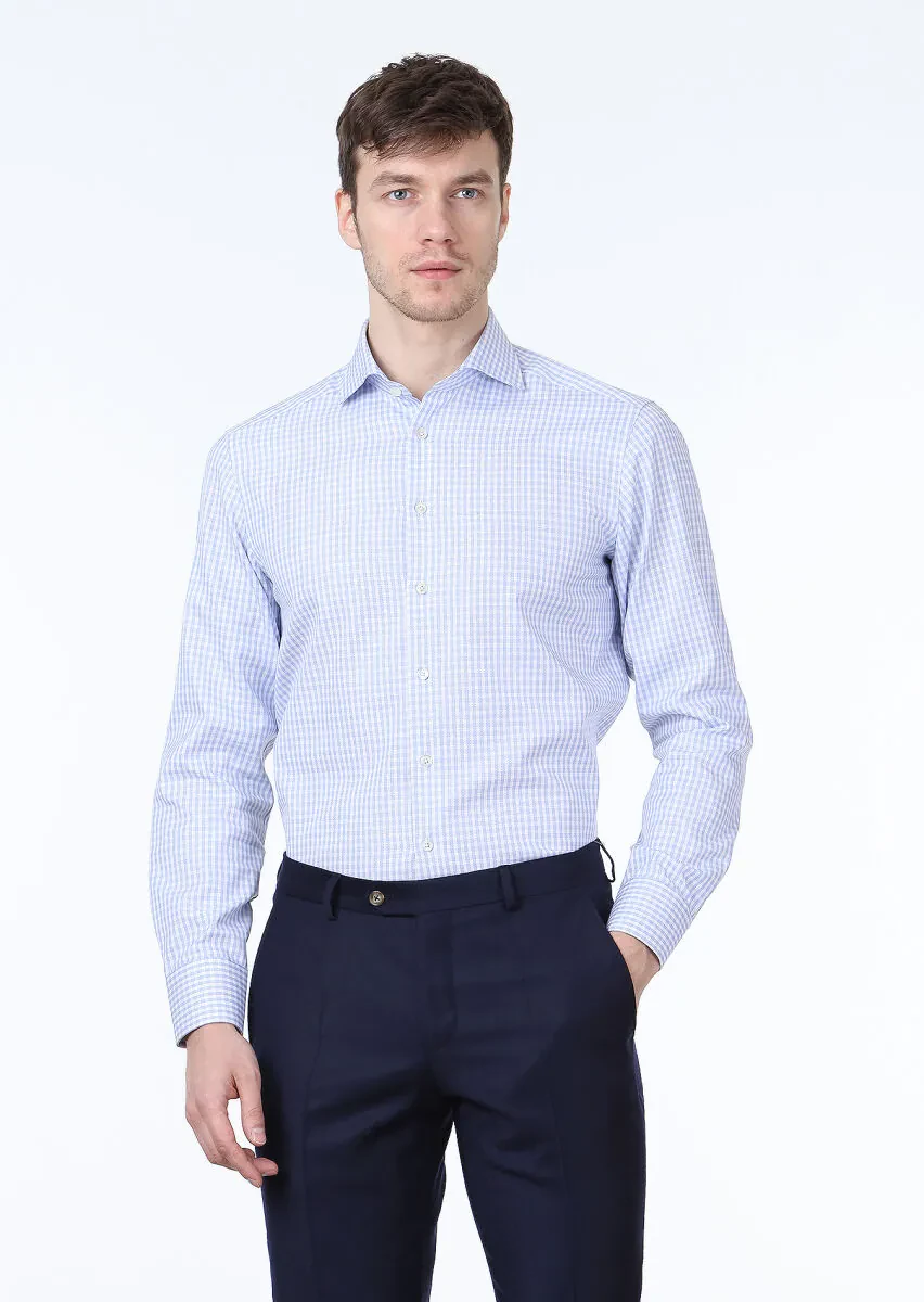 Blue Checkered Regular Fit Weaving Classical 100% Cotton Shirt - 1