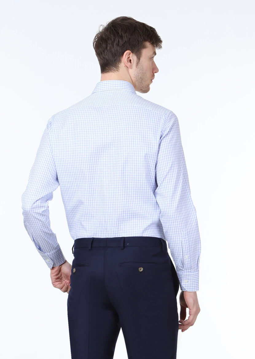 Blue Checkered Regular Fit Weaving Classical 100% Cotton Shirt - 4