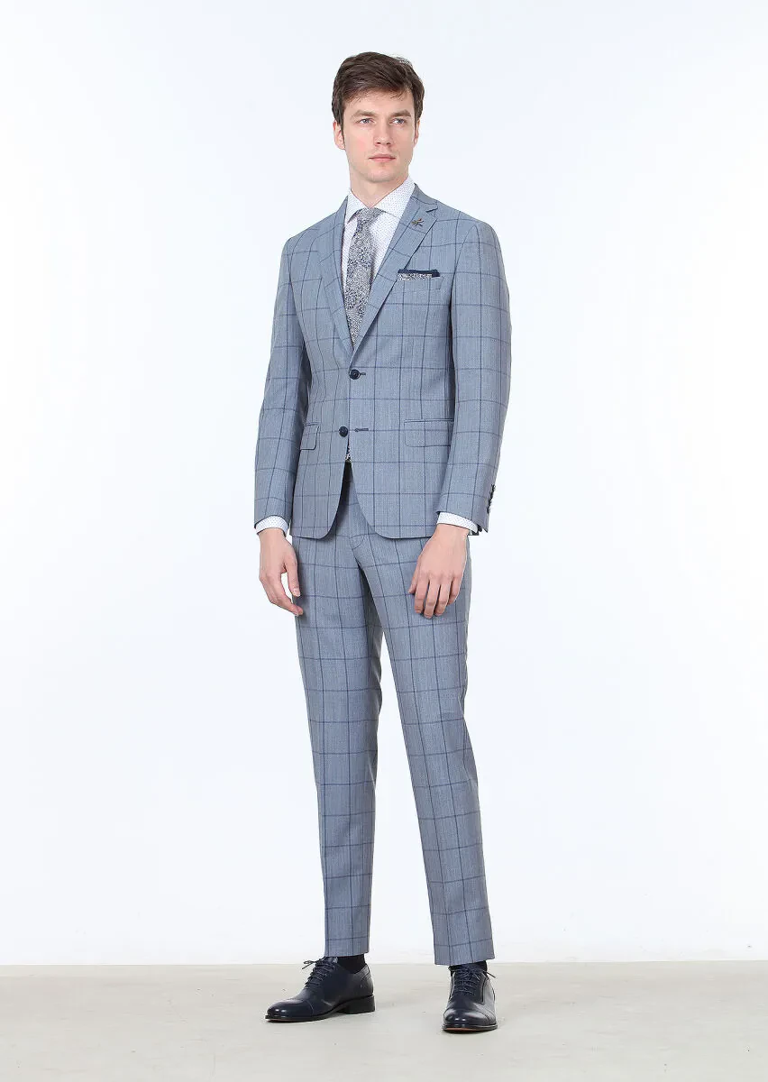 Blue Checkered Zeroweight Slim Fit 100% Wool Suit - 1