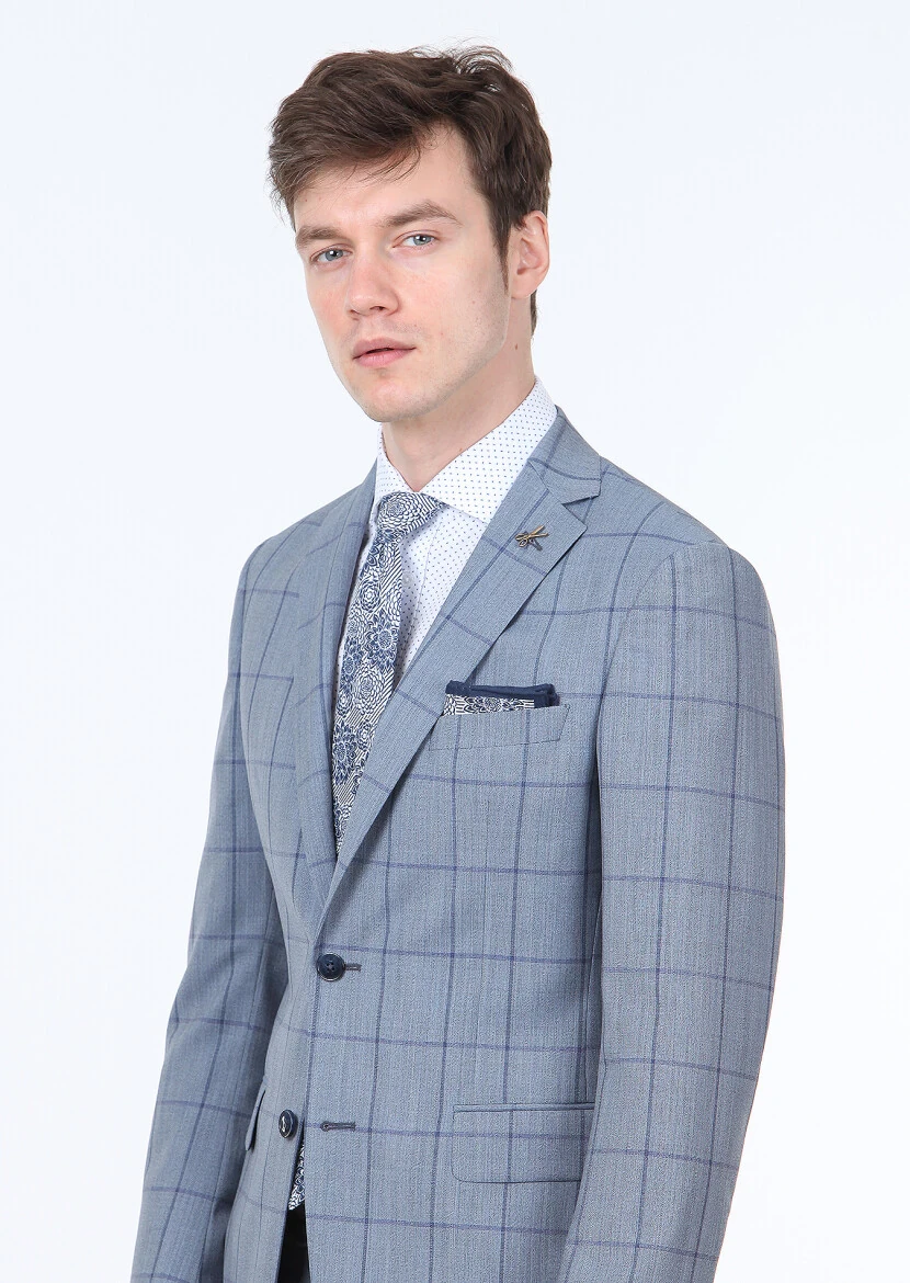 Blue Checkered Zeroweight Slim Fit 100% Wool Suit - 3