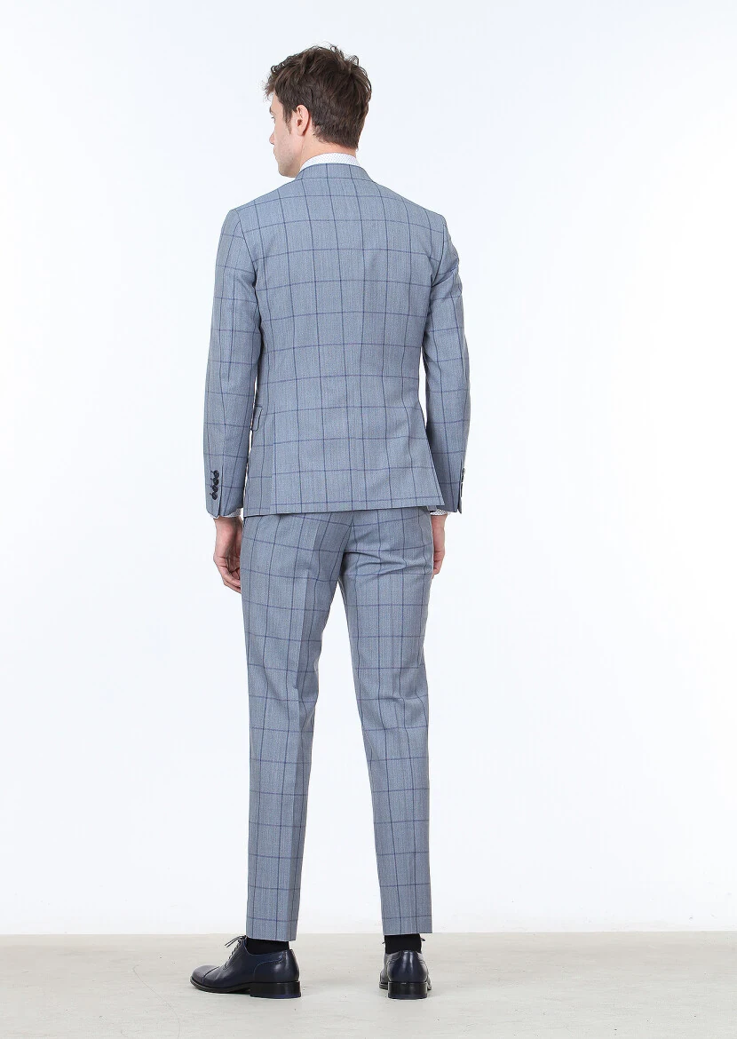 Blue Checkered Zeroweight Slim Fit 100% Wool Suit - 4