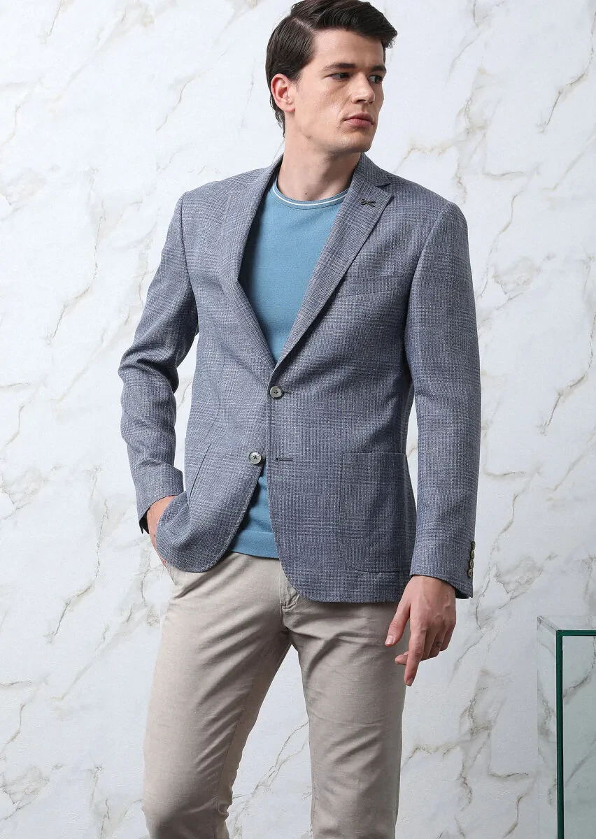 Blue Checkered Zeroweight Slim Fit Wool Blended Jacket - 1