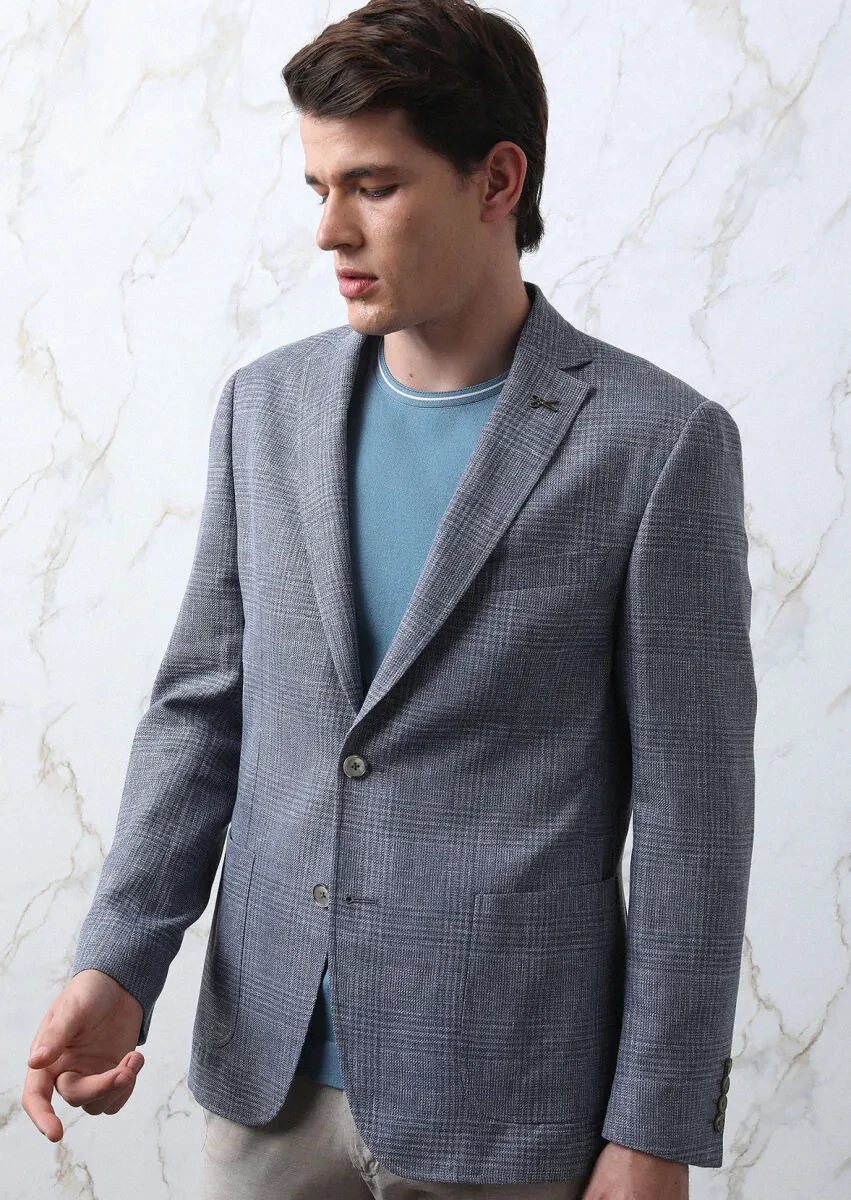 Blue Checkered Zeroweight Slim Fit Wool Blended Jacket - 2