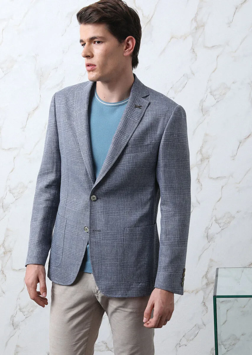 Blue Checkered Zeroweight Slim Fit Wool Blended Jacket - 3