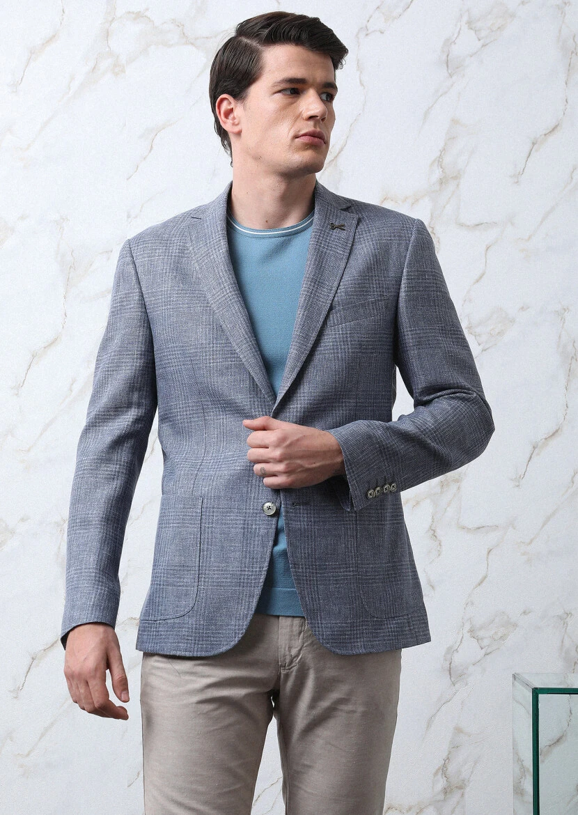 Blue Checkered Zeroweight Slim Fit Wool Blended Jacket - 4
