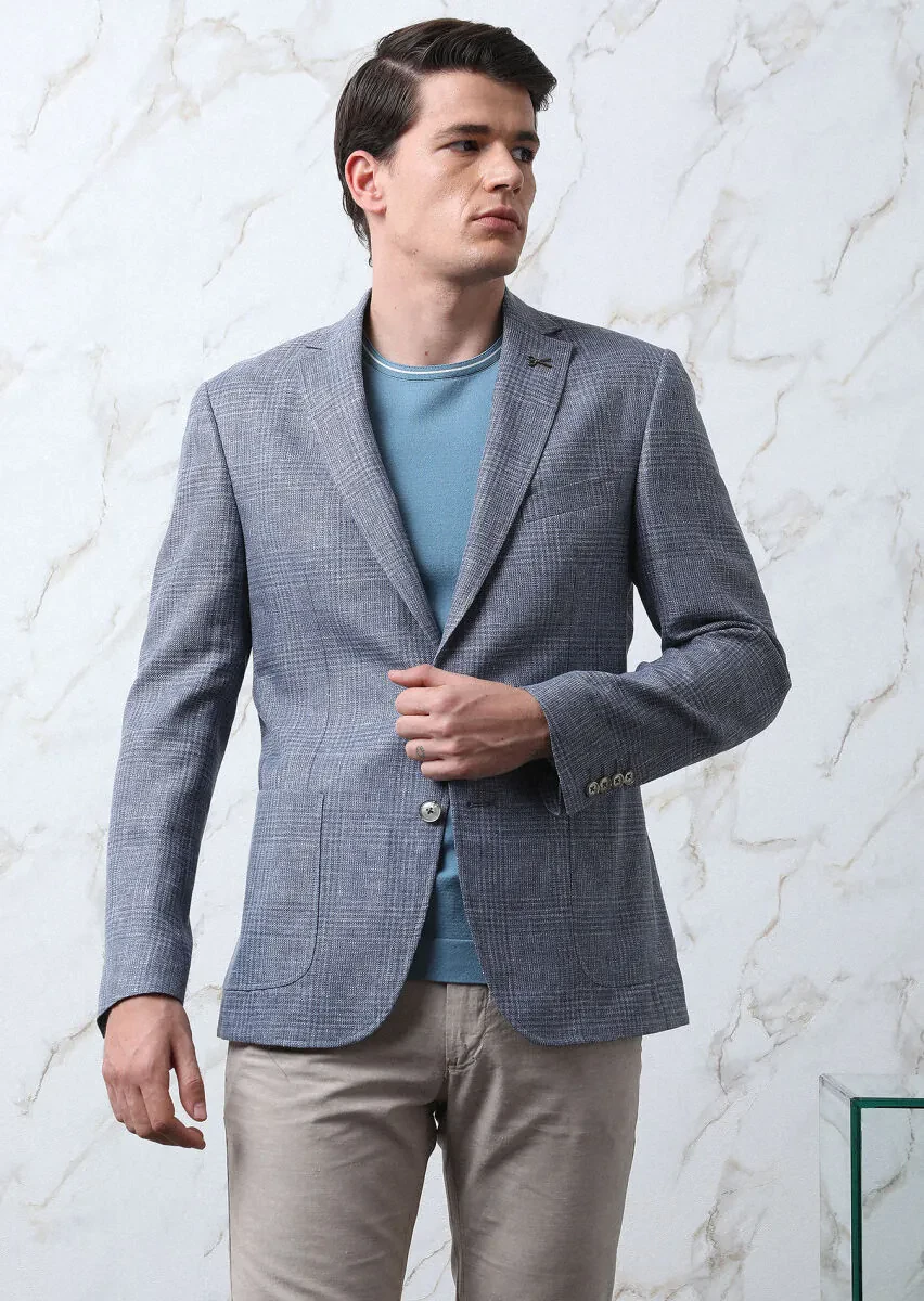 Blue Checkered Zeroweight Slim Fit Wool Blended Jacket - 4