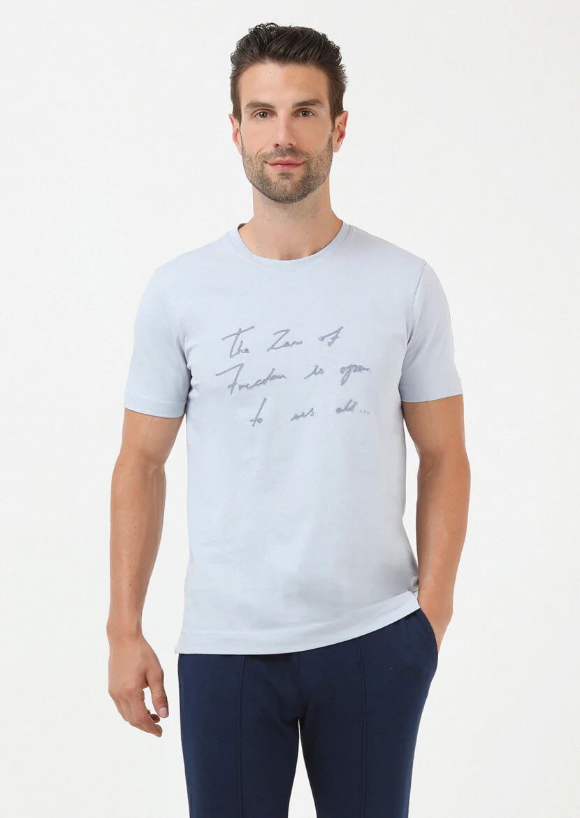 Blue Crew Neck 100% Cotton T-Shirt - 4