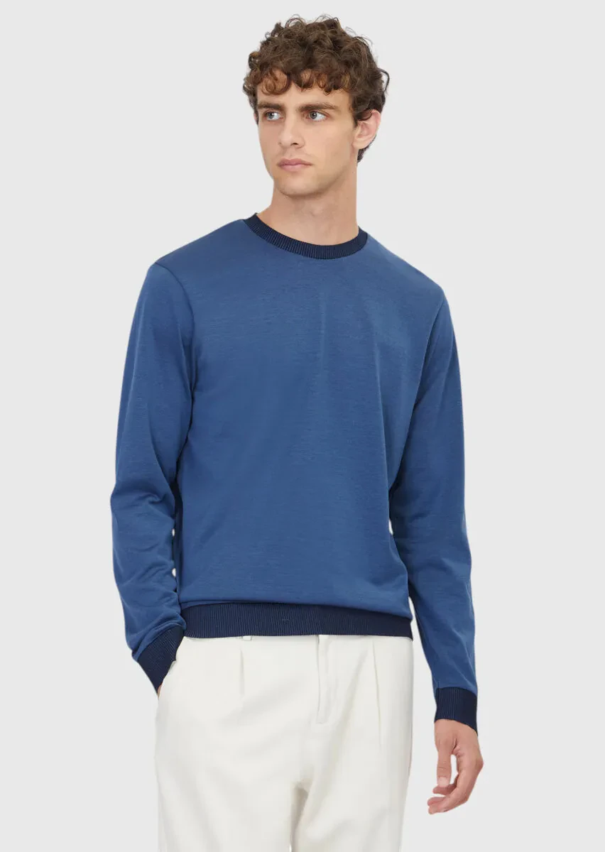Blue Crew Neck Plain Sweatshirt - 1