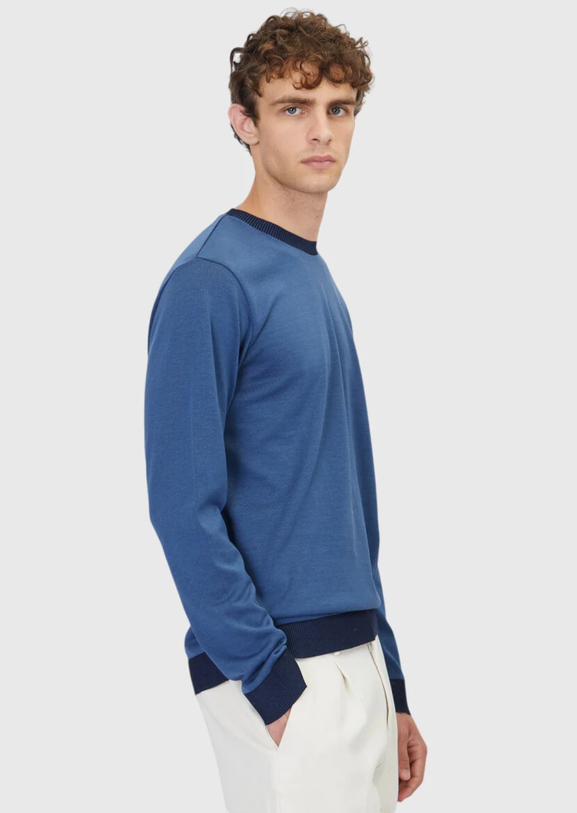 Blue Crew Neck Plain Sweatshirt - 3