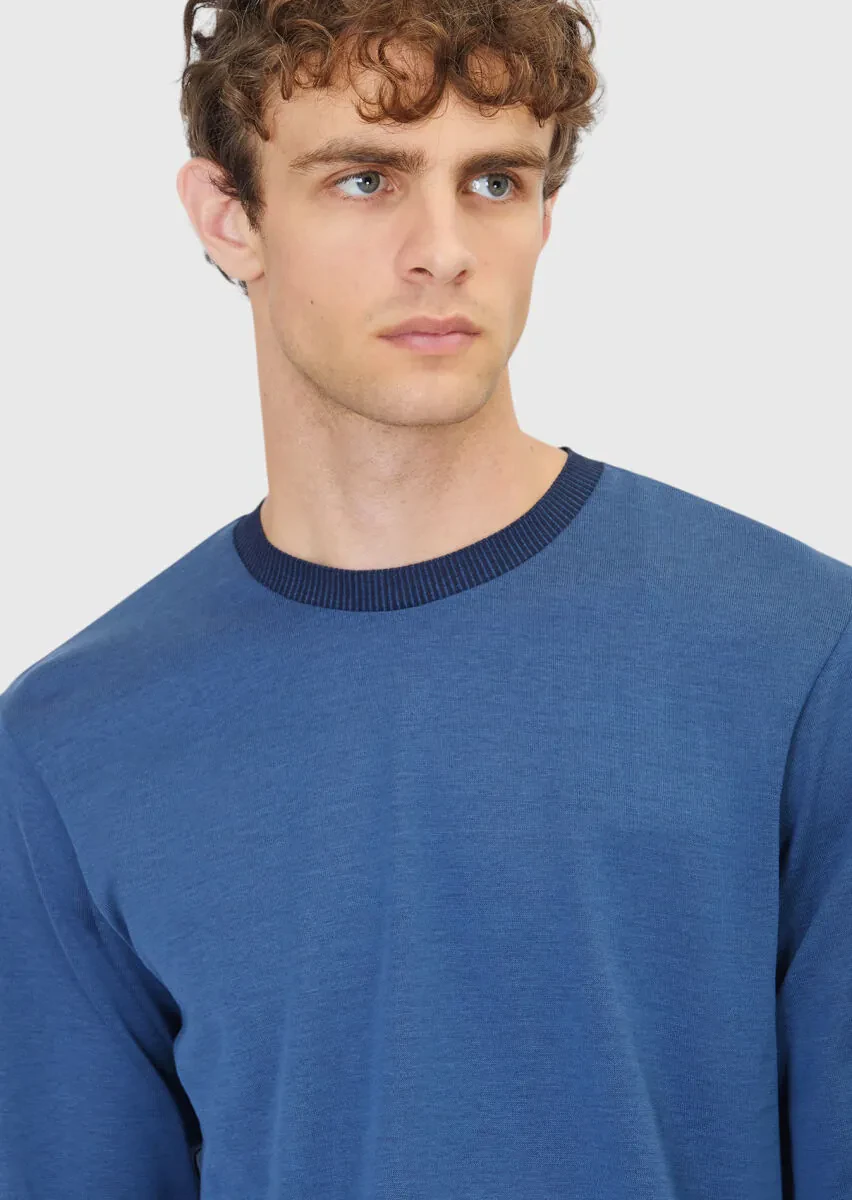 Blue Crew Neck Plain Sweatshirt - 4