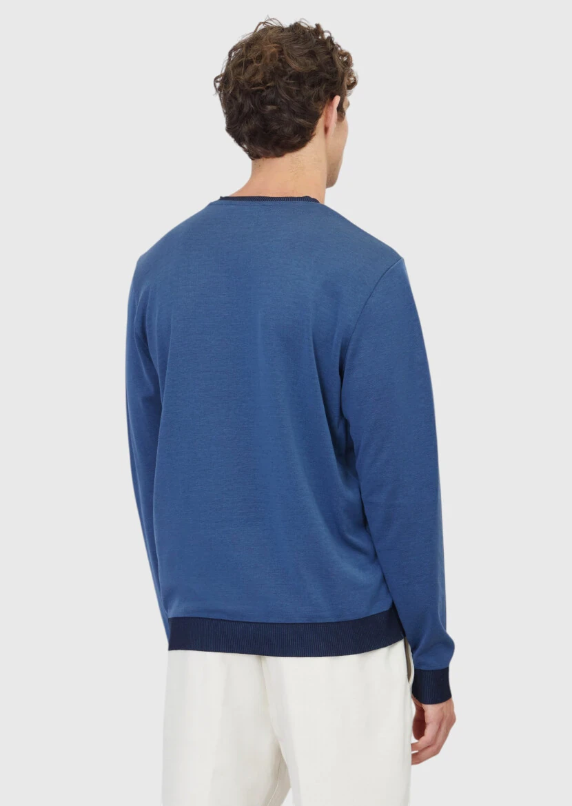 Blue Crew Neck Plain Sweatshirt - 5