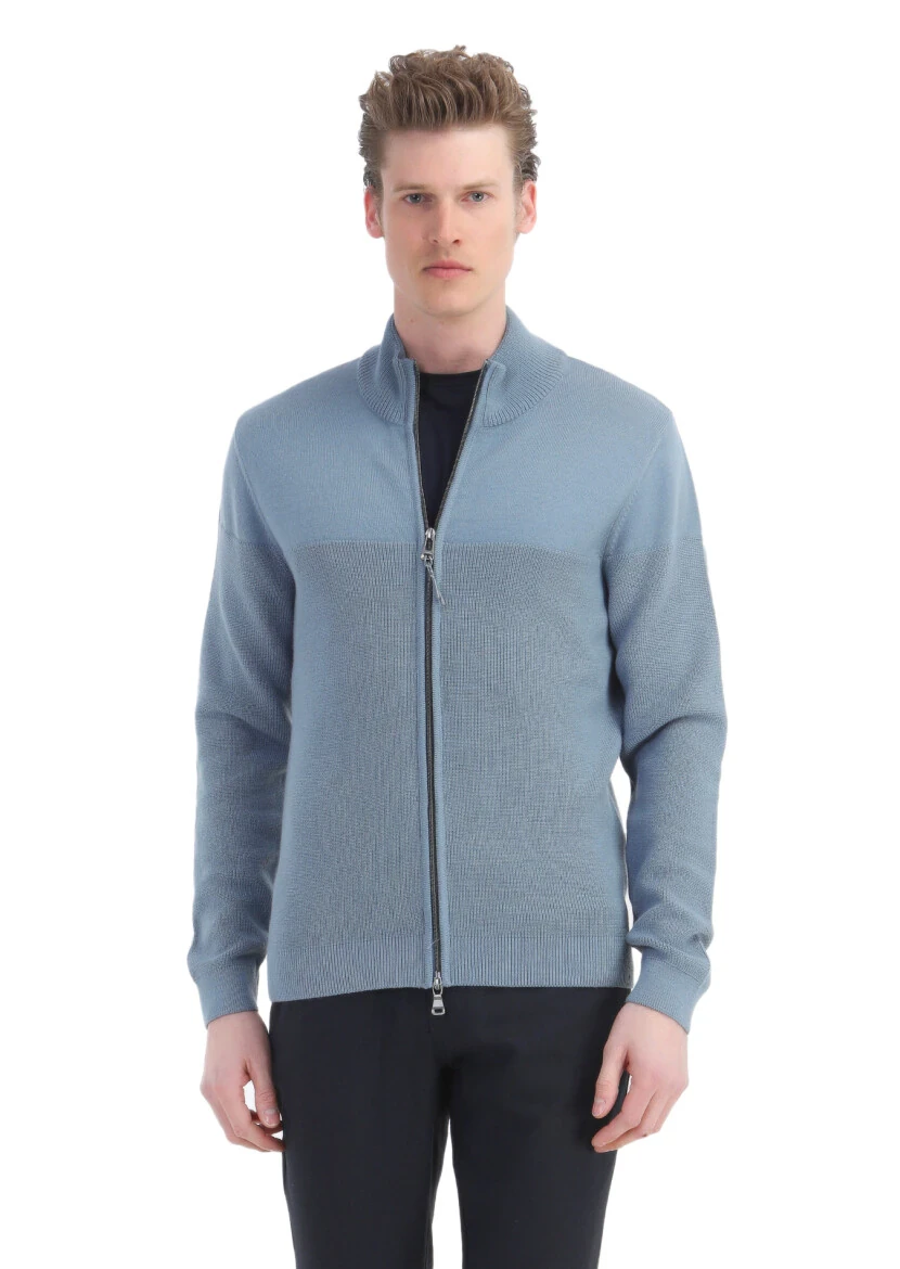 Blue Crew Neck Stitch Crochet Cotton Blended Cardigan - RAMSEY