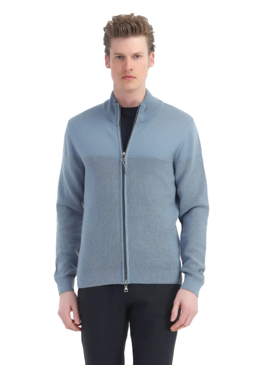 Blue Crew Neck Stitch Crochet Cotton Blended Cardigan - 1