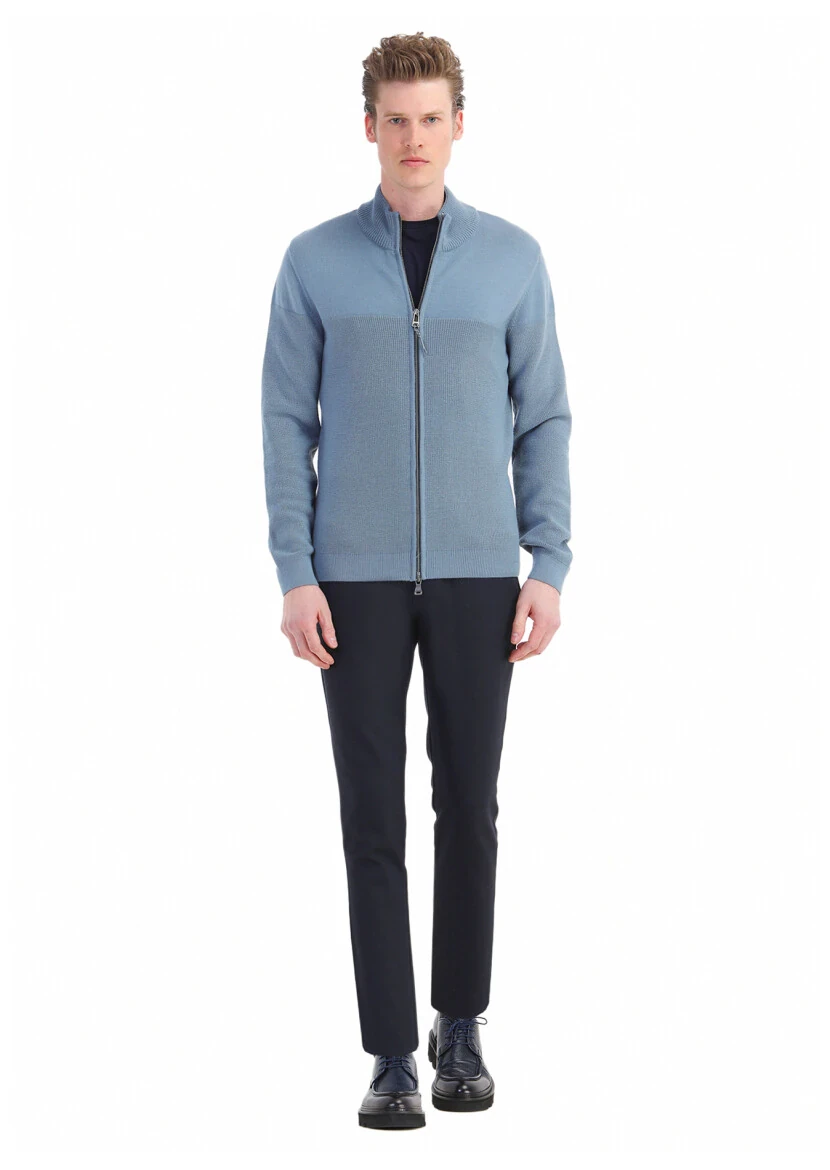 Blue Crew Neck Stitch Crochet Cotton Blended Cardigan - RAMSEY