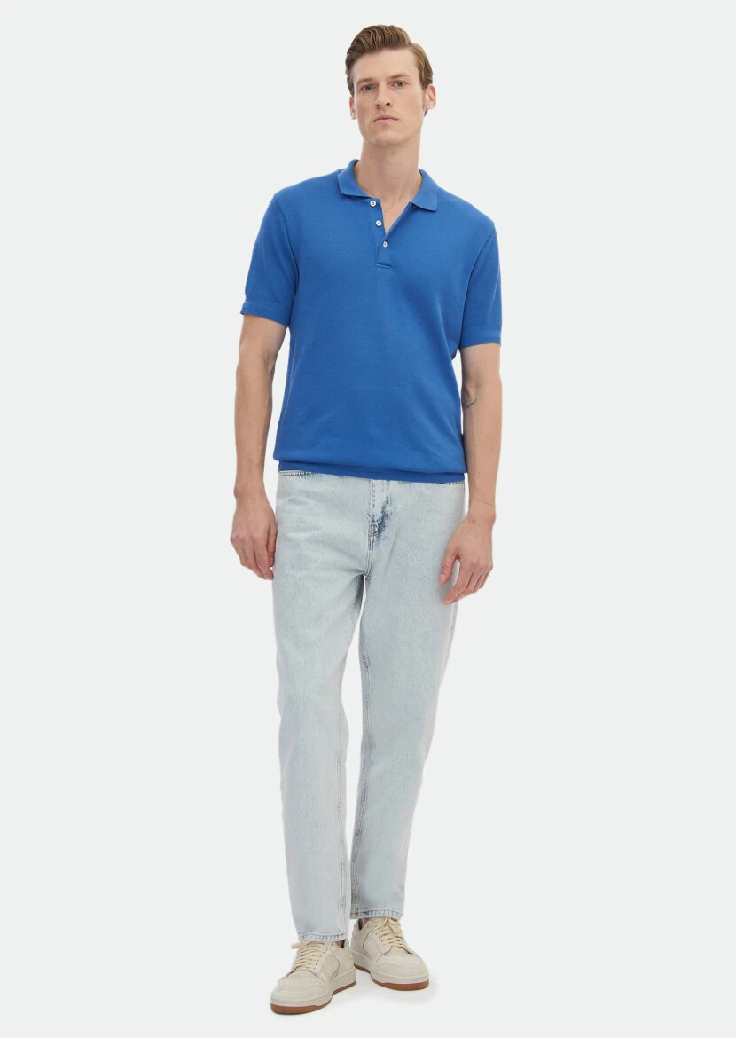 Blue Jacquard Polo Neck 100% Cotton T-Shirt - RAMSEY