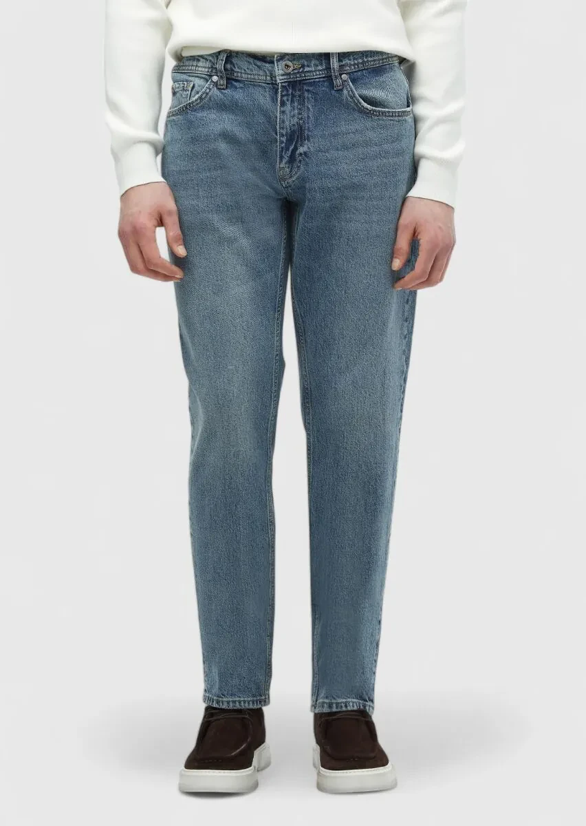 Blue Loose Fit Denim Cotton Blended Trousers - 2