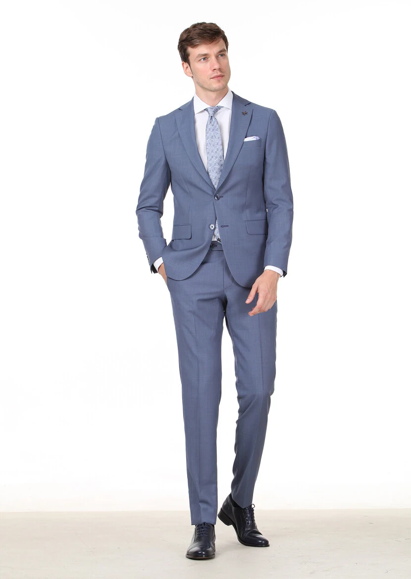 Blue Micro Modern Fit 100% Wool Suit - 1