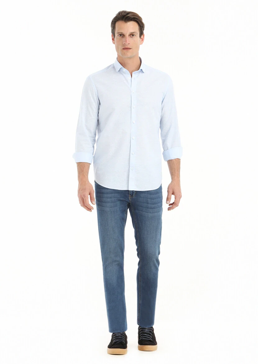 Blue Micro Regular Fit Weaving Casual Cotton Blended Shirt - 1