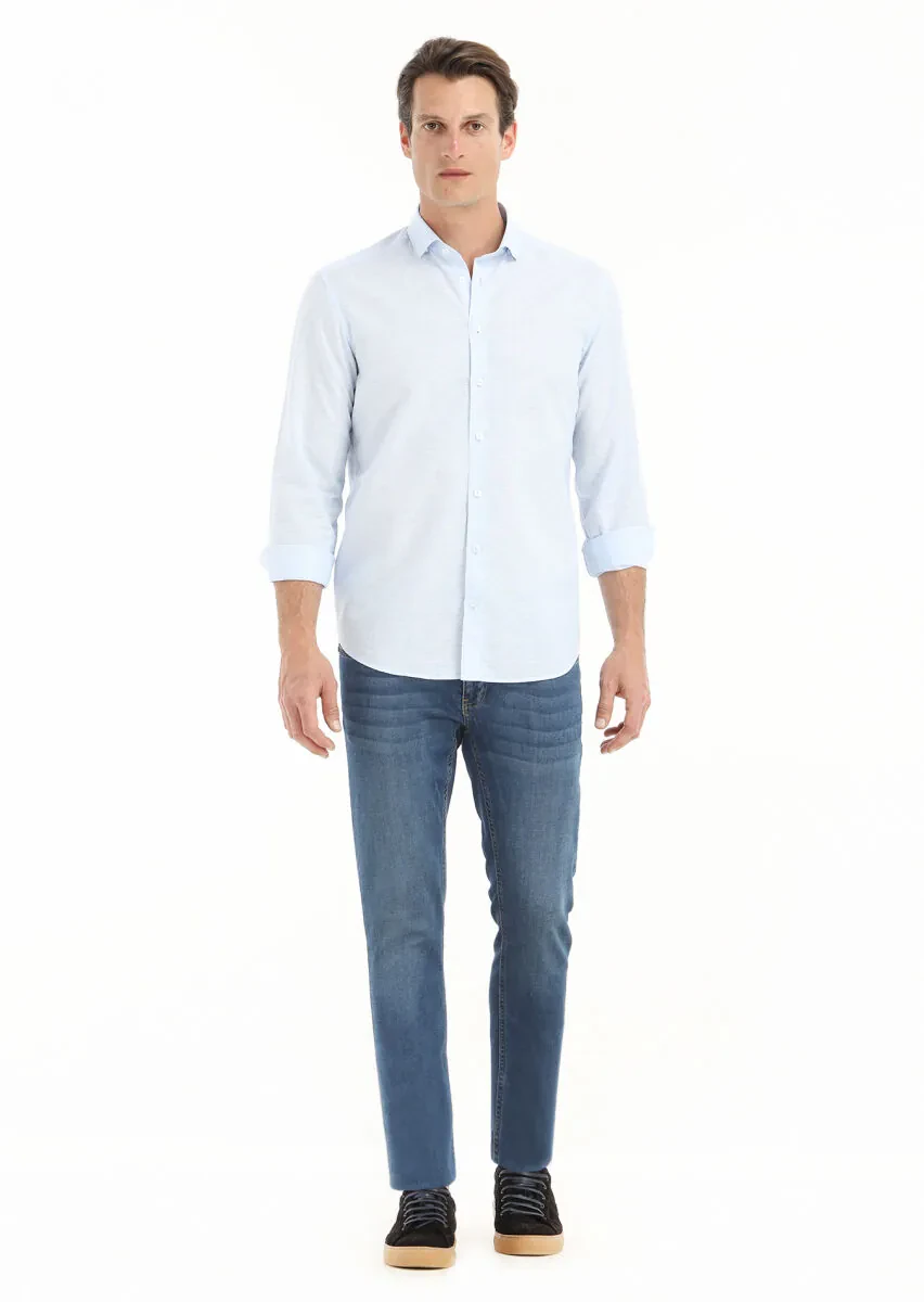 Blue Micro Regular Fit Weaving Casual Cotton Blended Shirt - 1