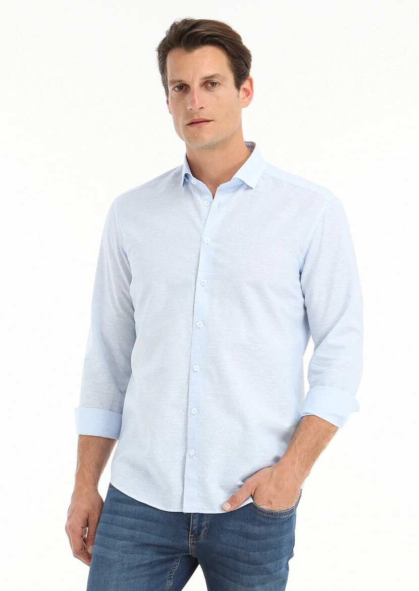 Blue Micro Regular Fit Weaving Casual Cotton Blended Shirt - 3
