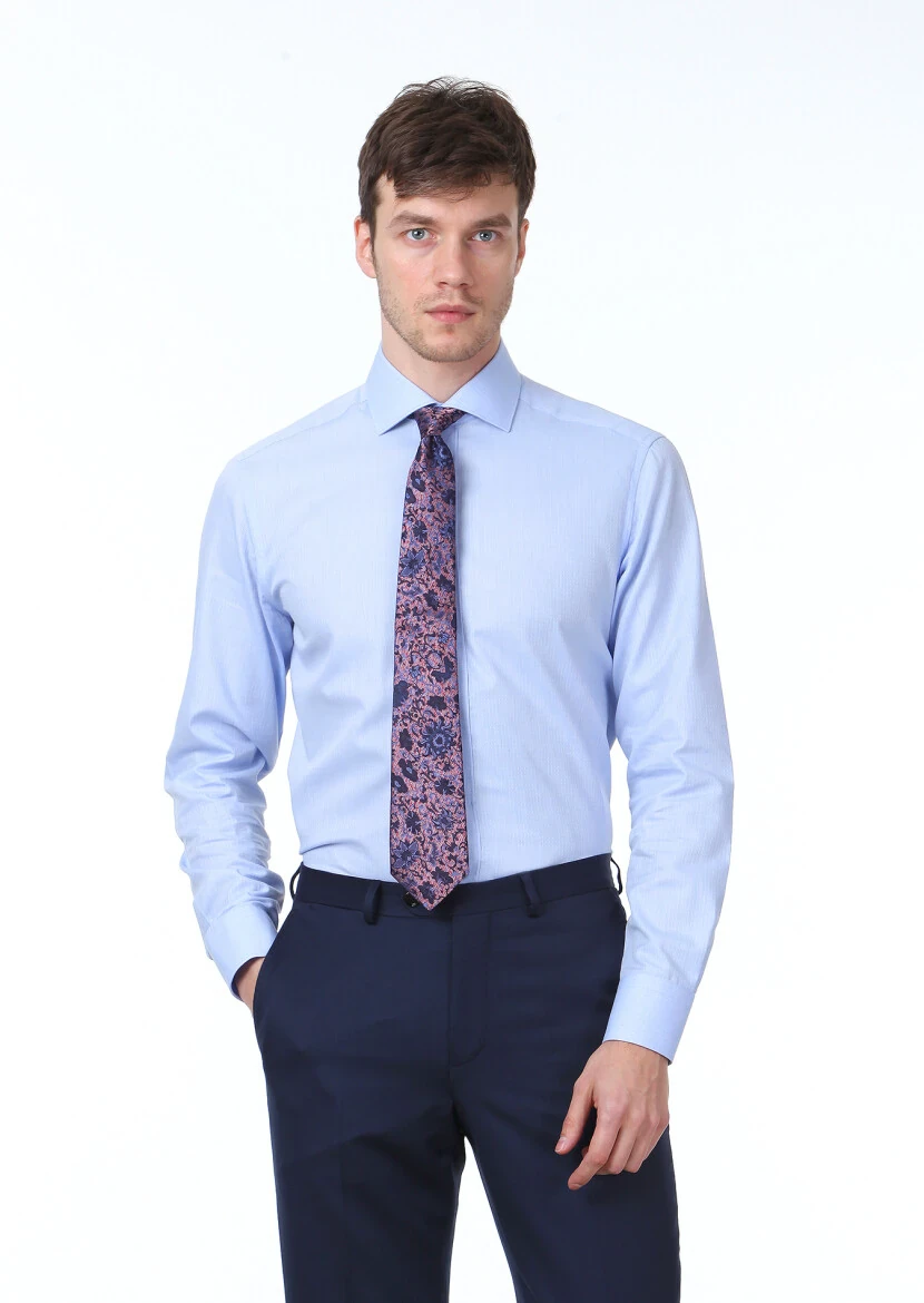 Blue Micro Regular Fit Weaving Classical 100% Cotton Shirt - 1