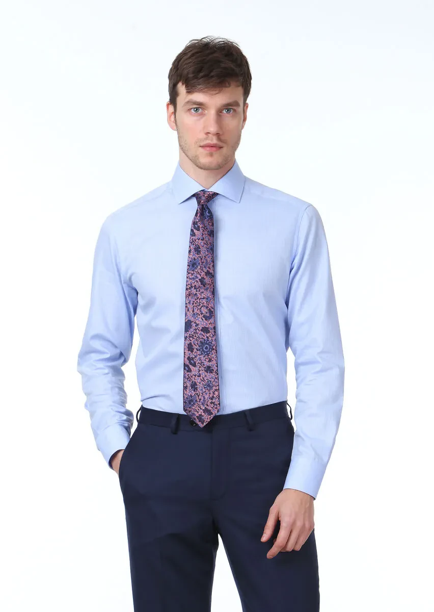 Blue Micro Regular Fit Weaving Classical 100% Cotton Shirt - 1